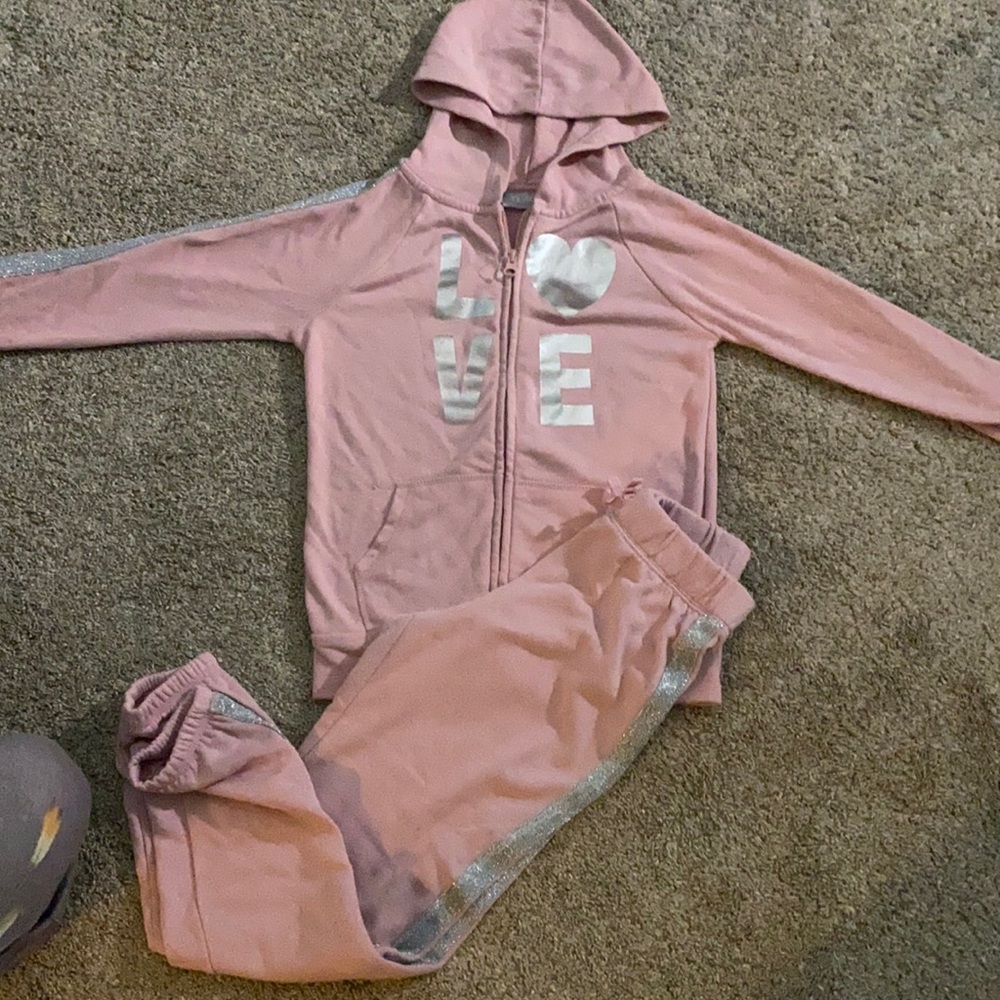Blush colored sweat suit, jogger bottoms.